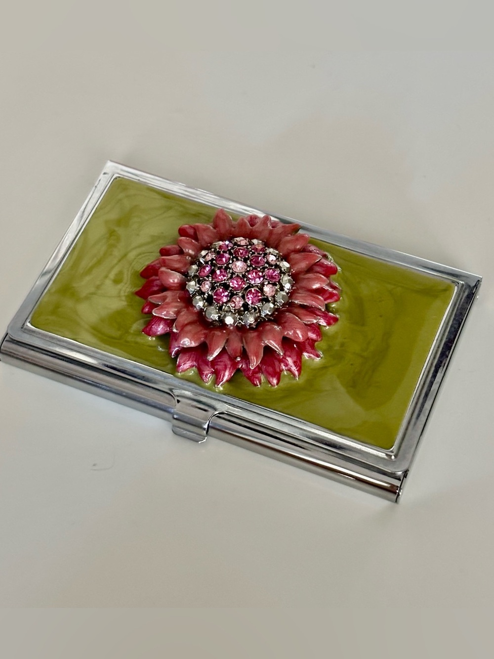 Pink Rhinestone Flower Metal Card Case Mirror Business/Credit Card Holder